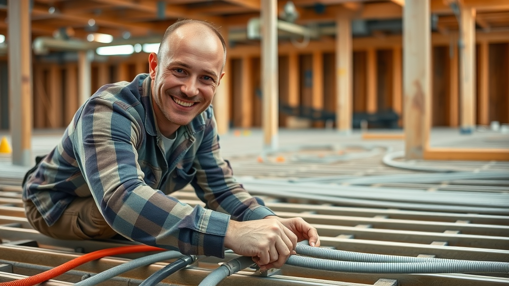 Skilled technician carefully installing underfloor heating pipes on commercial project site