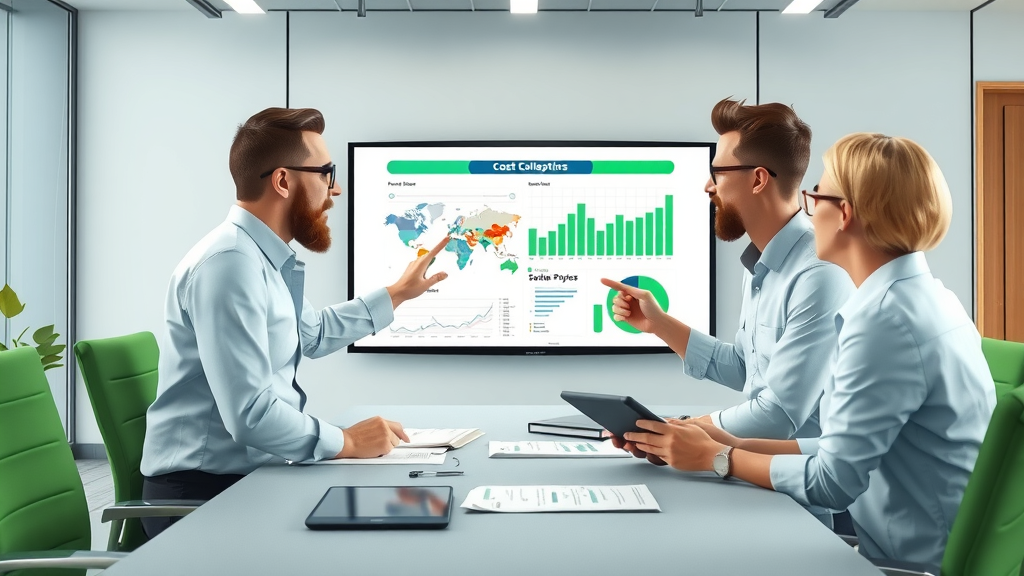 Architects analysing project costs and underfloor heating savings in modern conference room