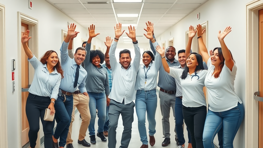 Facility managers and engineers celebrating after completing underfloor heating installation in a school corridor