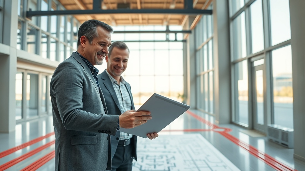 Modern commercial building interior with professionals reviewing underfloor heating blueprints, visible underfloor heating layout on the floor, commercial underfloor heating systems