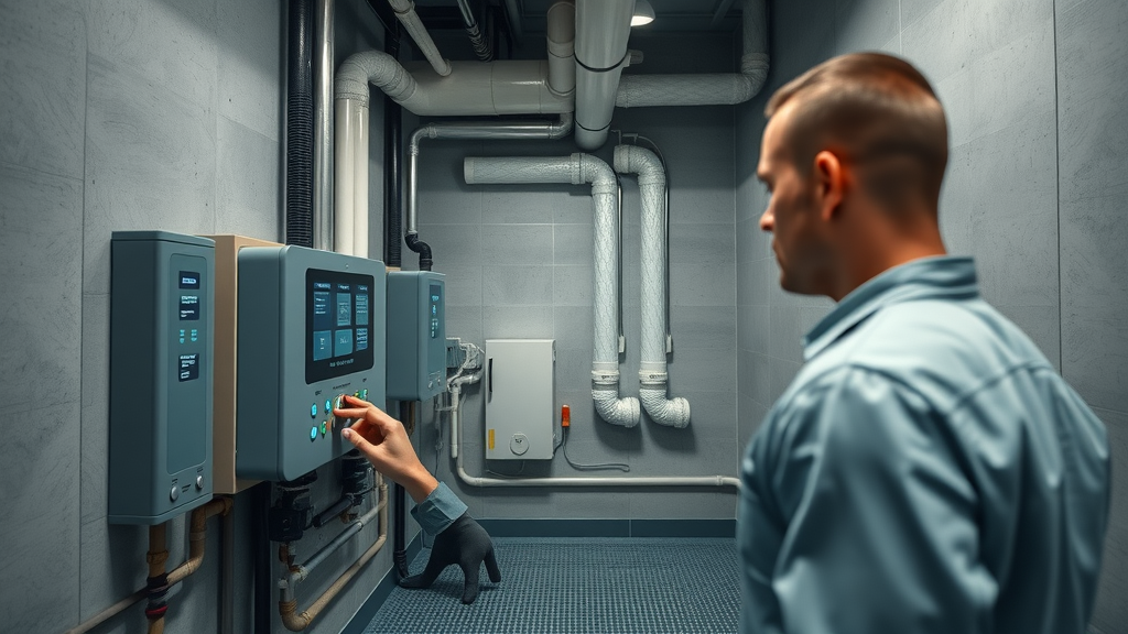 Efficient mechanical room with advanced underfloor heating system controls and pipes, highlighting energy-saving setup for commercial underfloor heating systems