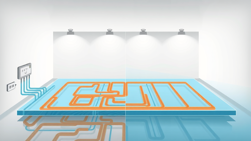 Split-view diagram comparing electric underfloor and water-based underfloor heating systems with wiring and piping below the surface, commercial underfloor heating systems
