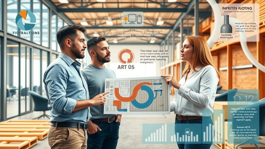 Infographic collage showing underfloor heating options for offices, warehouses, and public buildings; collaborative managers reviewing heating system plans for commercial underfloor heating systems