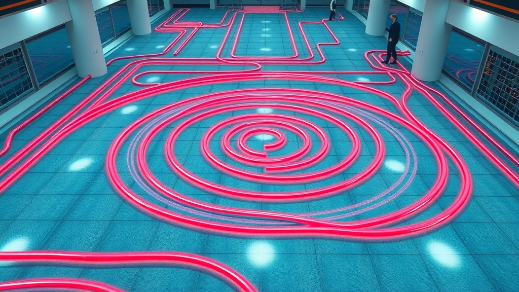 Technical floor plan showing spiral and serpentine underfloor heating pipe layouts for energy efficiency in commercial underfloor heating systems