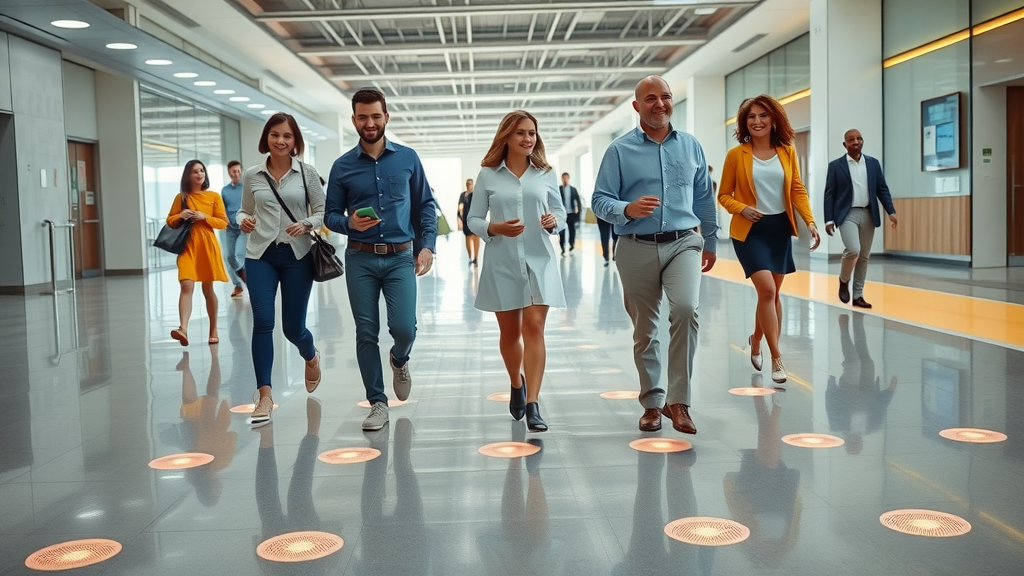 Happy office staff walking over sleek, heated commercial floors with visible warmth indicators, commercial underfloor heating systems in modern building
