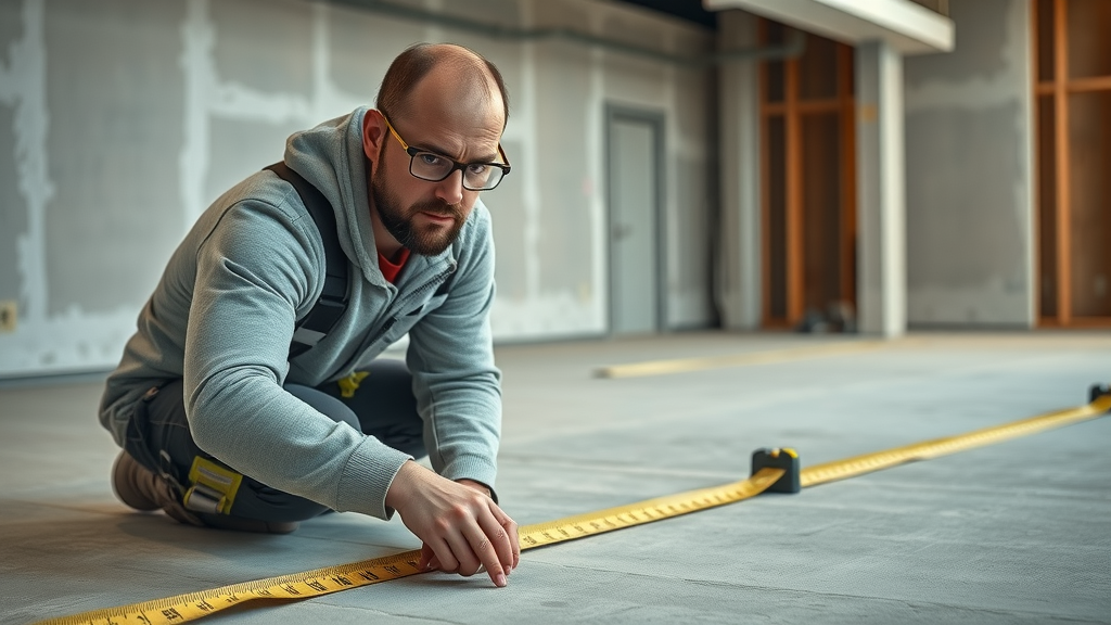 Professional surveyor measuring for underfloor heating insulation preparation commercial building UK