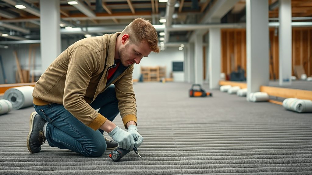 Technician installing underfloor heating mats with insulation spools UK commercial building