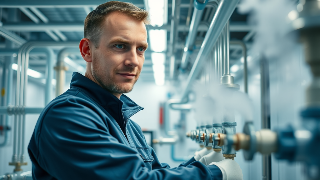 Engineer maintaining underfloor heating manifold and valves clean commercial project UK