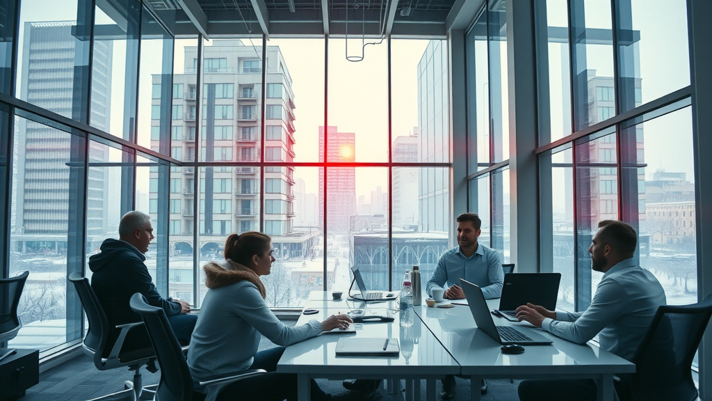 energy efficient heating solutions in a modern office environment, heating system overlay, warm and comfortable workspace