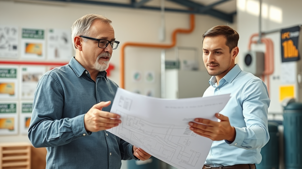 heating consultant and business owner reviewing efficient heating solutions blueprints