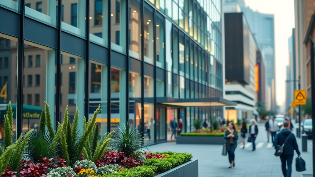 modern energy-efficient commercial building with hydronic underfloor heating, large glass facade, vibrant landscaping – hydronic underfloor heating for businesses