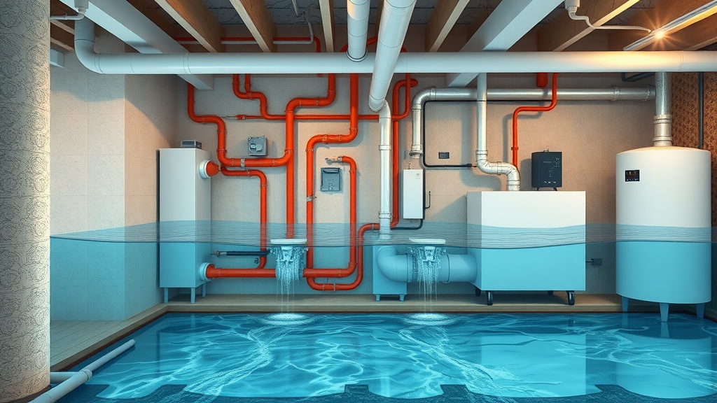 cutaway view of hydronic underfloor heating system, cross-section showing pipes and modern boiler room