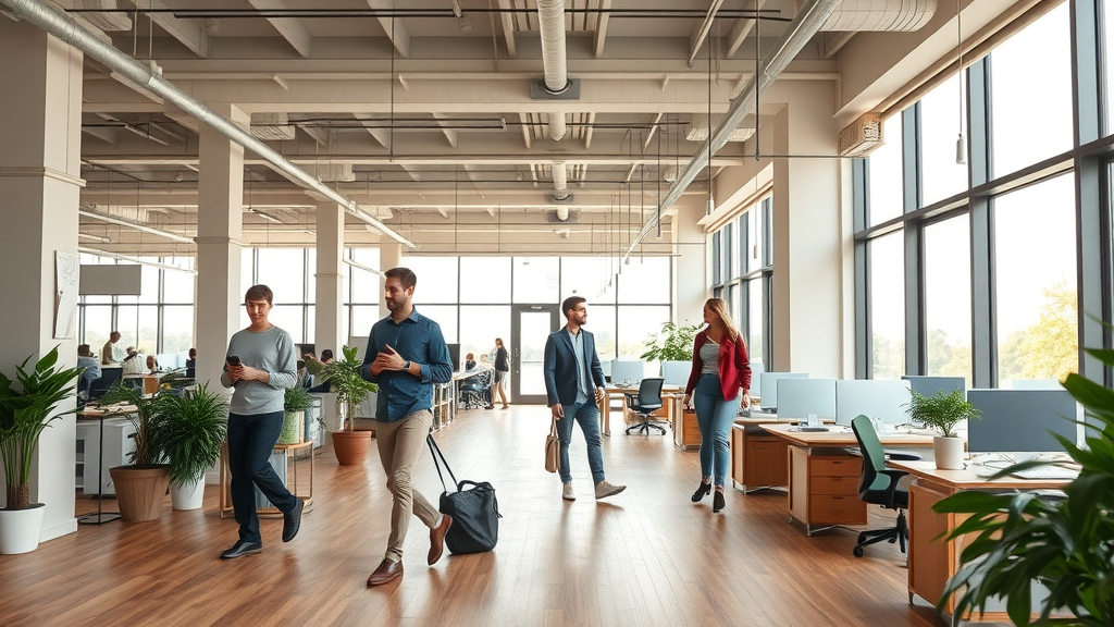 spacious commercial interior with hydronic underfloor heating, natural wood floors, occupants comfortable in open office