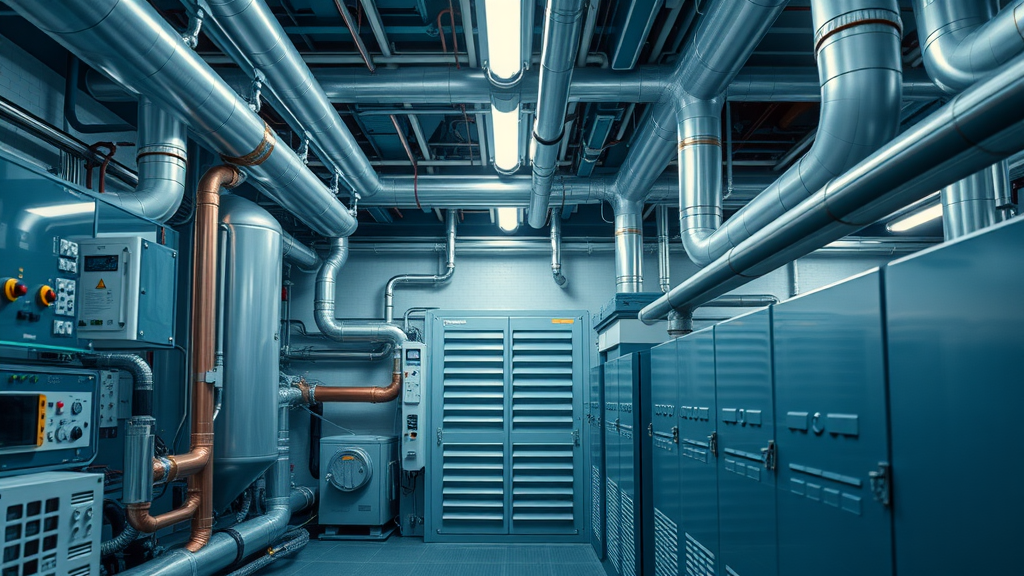 futuristic building mechanical room with integrated hydronic heating and cooling solutions, modern heat pumps
