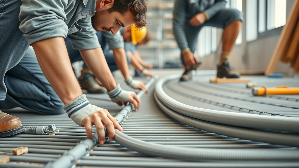 professional installers laying hydronic underfloor heating pipes in a new commercial building