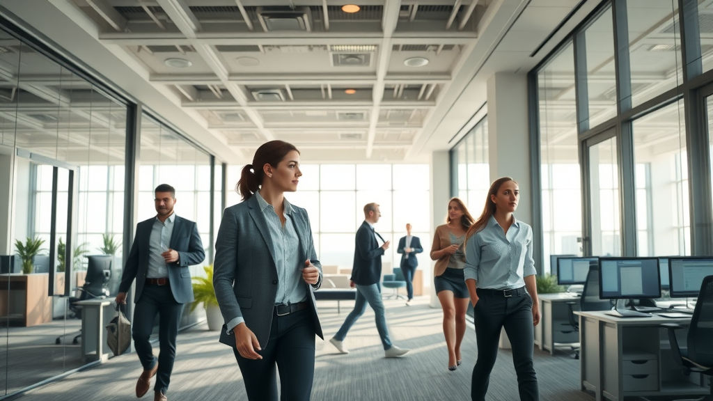 electric underfloor heating for businesses in a modern office space, professionals comfortable and productive, sunlight streaming in