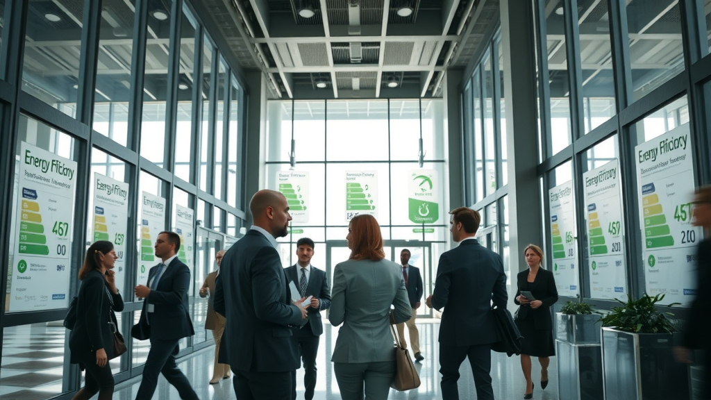 modern business lobby with electric underfloor heating and energy-efficiency signage, professionals discussing, green environmental accents