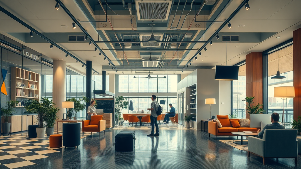 different business environments with electric underfloor heating, underfloor heating visible under cutaway floors, retail, office, hotel use cases