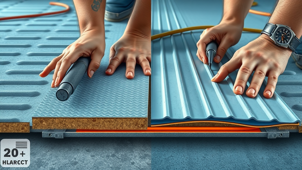 side-by-side installation of electric underfloor heating mat and heating cable for businesses, commercial site install, technical cross-sectional view