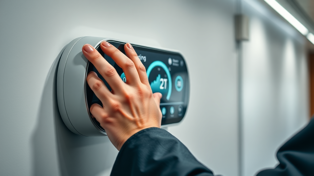 business professional adjusting smart thermostat for electric underfloor heating, touchscreen interface, modern office