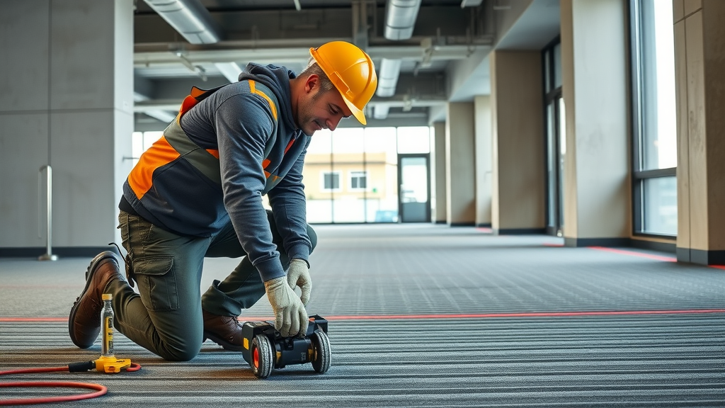 professional installer laying electric underfloor heating mats in modern office fit-out, dynamic action, concrete floor