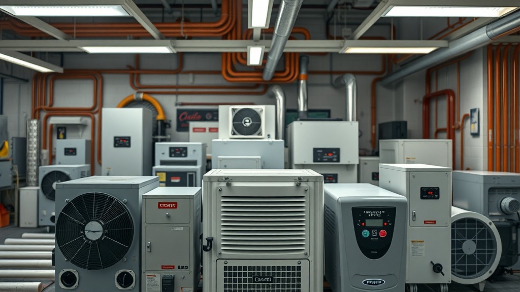 Diverse commercial heating equipment including boilers, heat pumps, and warm air heaters. Cinematic showroom, highly detailed, displaying commercial heating system choices