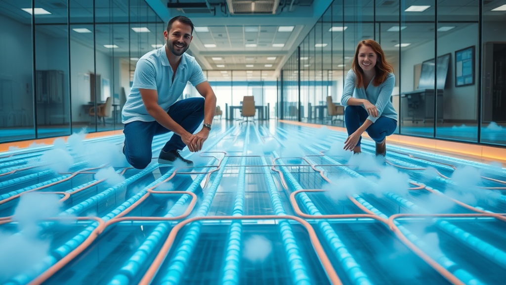 Sleek underfloor heating installation in a modern office by professionals. Glass walls and visible pipes, conveying expert commercial heating system design and warmth