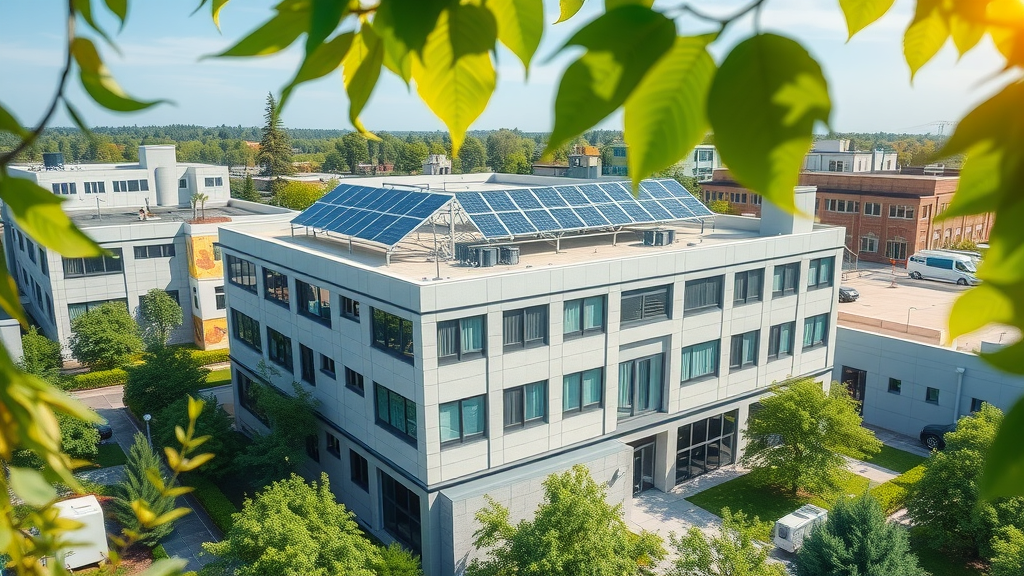 Eco-friendly commercial building with solar panels, heat pump units, and greenery in an office park. Photorealistic, emphasizing sustainable commercial heating systems