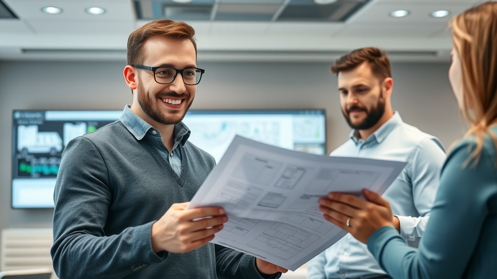 Experienced heating consultant with clients in a modern conference room, reviewing commercial property blueprints. Showing expert guidance for commercial building heating options