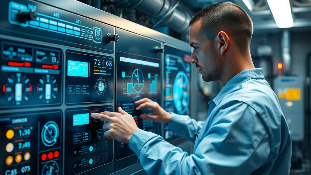 Technician adjusting smart commercial heating control panel, with glowing digital displays showing adaptive system trends. Modern control room, showing trend towards intelligent commercial heating systems