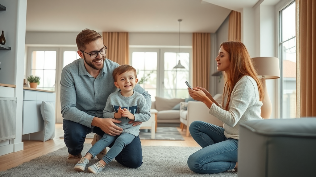 Modern home with retrofit underfloor heating controls and a happy family in a bright living room