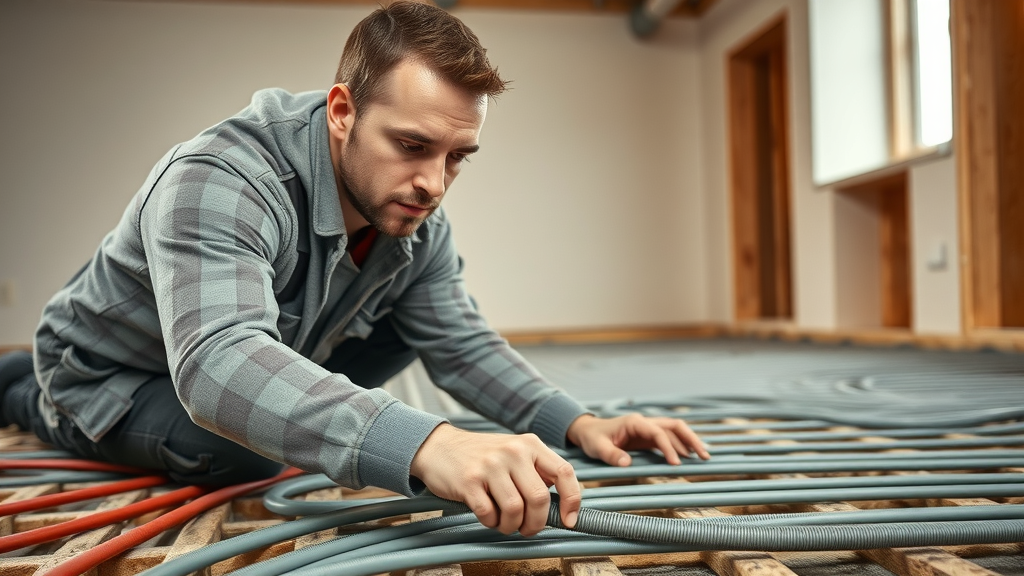Underfloor heating installer carefully laying pipes for retrofit underfloor heating on an exposed subfloor