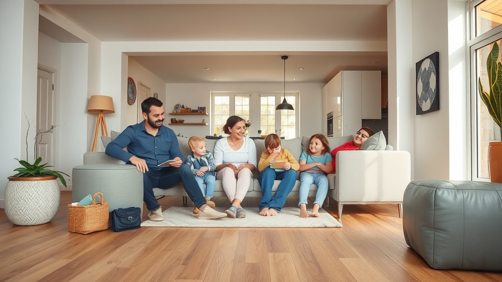 Modern British home with underfloor heating and a happy family relaxing in the living room, water vs. electric underfloor heating