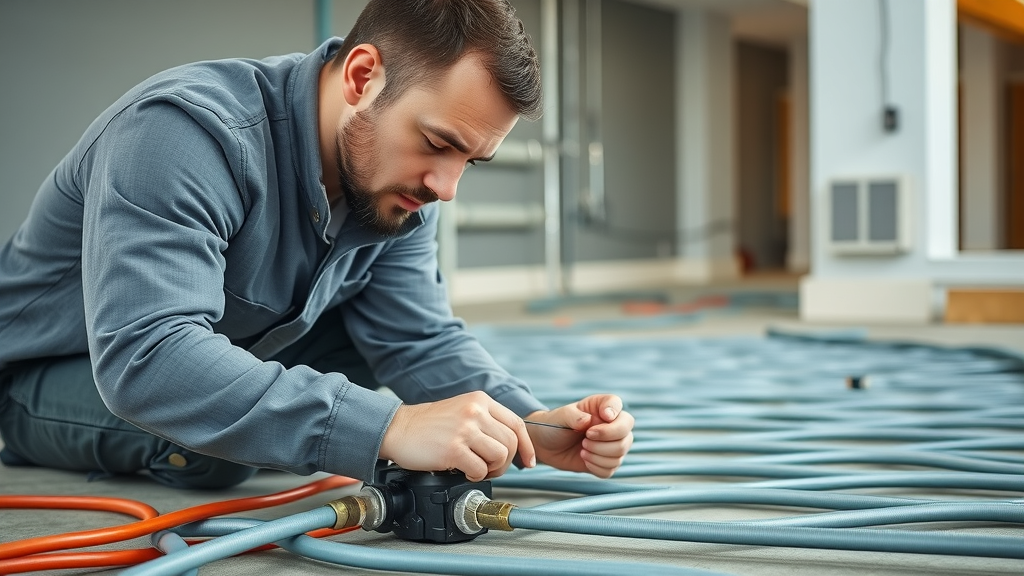 Technician installing water underfloor heating pipes in a new build, modern home - wet underfloor heating installation