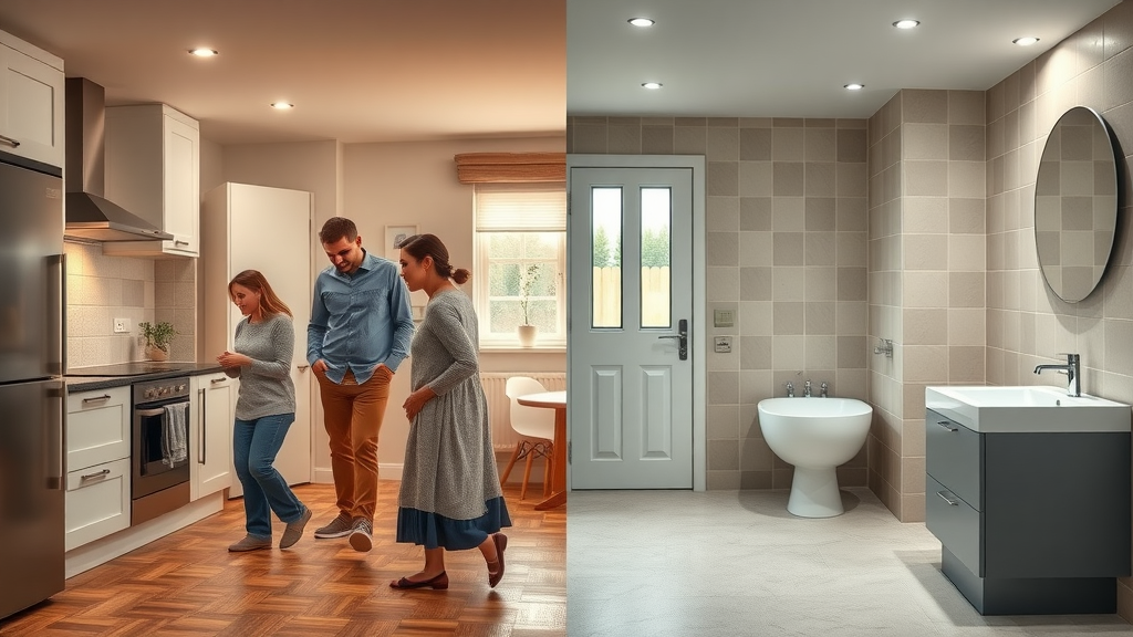 Two British households using water underfloor heating and electric underfloor heating; families interacting with smart thermostats in modern kitchens and bathrooms