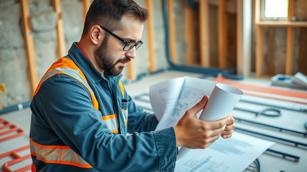 Engineer carefully planning underfloor heating pipes for efficient heating system design