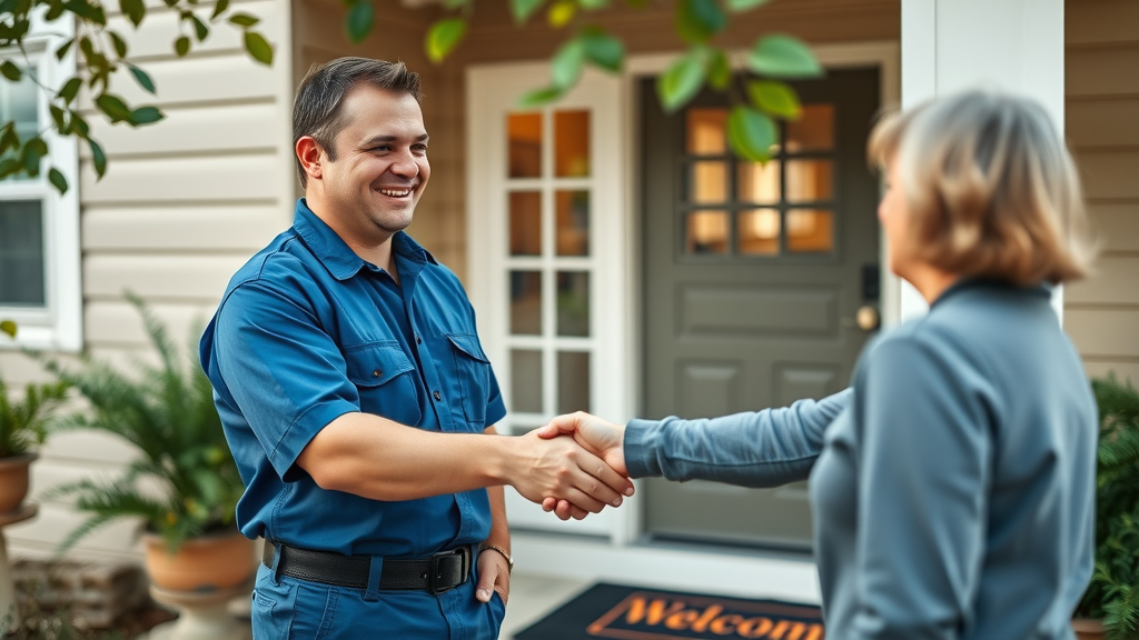 Customer recommended plumber greeting satisfied homeowner with a handshake