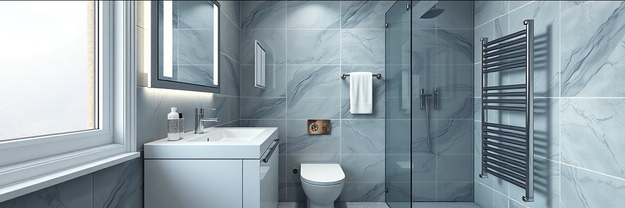 Modern bathroom with marble tiles showcasing drainage solutions Sheffield.