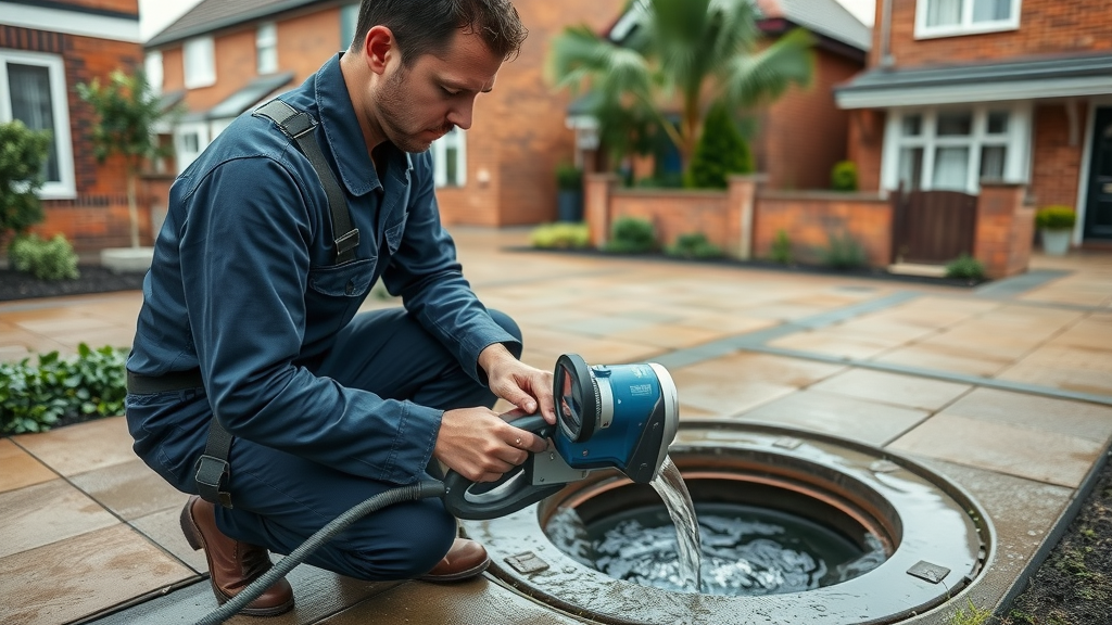 Drainage technician using advanced equipment outside Sheffield home for drainage solutions sheffield