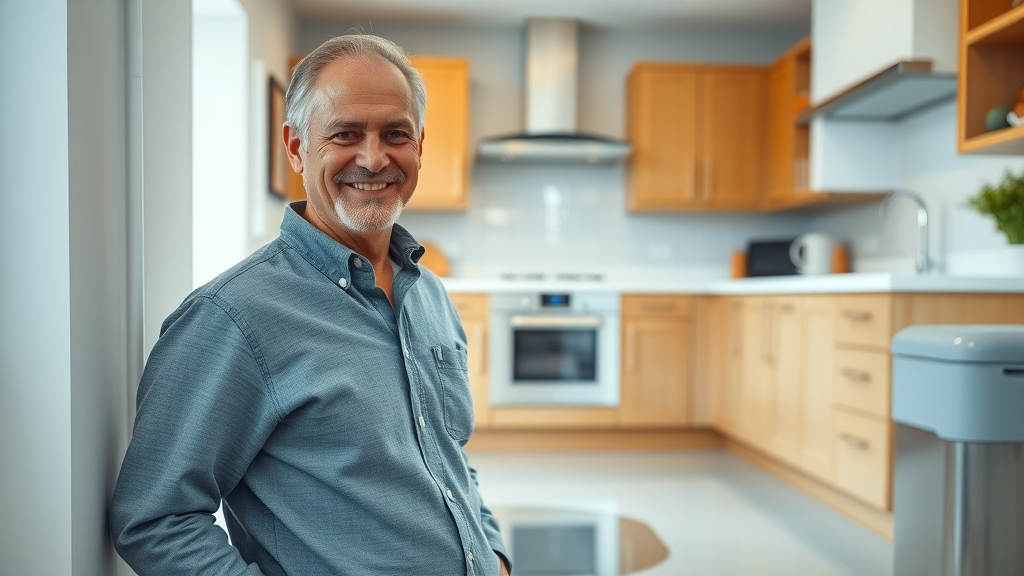 Happy Sheffield homeowner after fast drainage solutions in modern kitchen