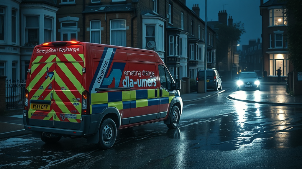 Emergency drainage solutions Sheffield van responding at night on rain-soaked street
