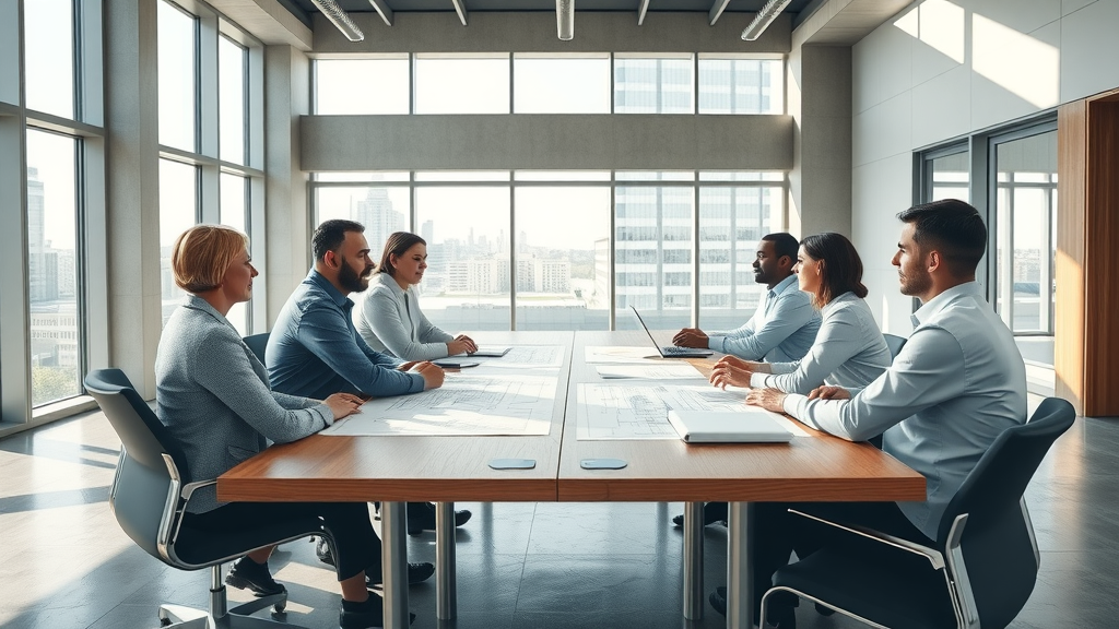 Architects and engineers specifying commercial underfloor heating in a modern boardroom, with CAD overlays demonstrating underfloor heating design beneath polished concrete floors.