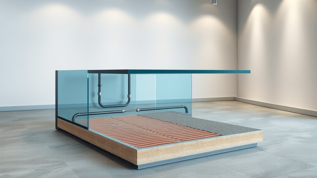 Technical cross-section of commercial underfloor heating, showing both hydronic water pipes and electric underfloor heating mats under various floor finish types.