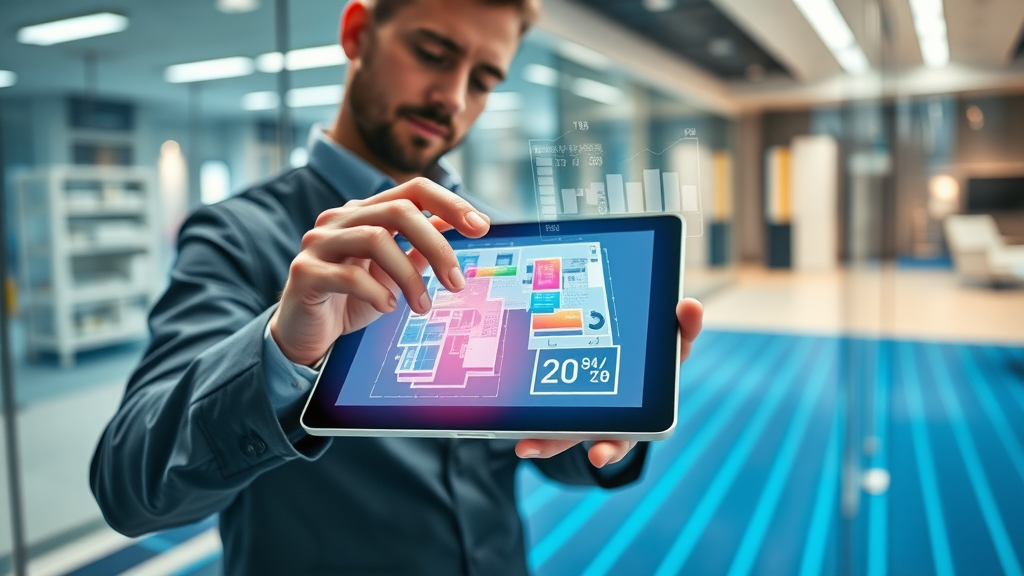 Engineer reviewing commercial underfloor heating output calculations on a digital tablet over a building floorplan with heat maps.