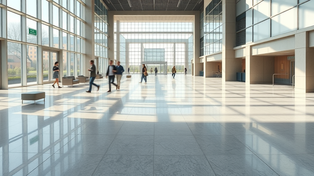 Large modern commercial lobby with seamless floor finish and visible underfloor heating zones mapped out.