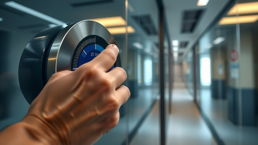 Close-up of digital thermostat and BMS interface for commercial underfloor heating, hand adjusting multiple heating zones.