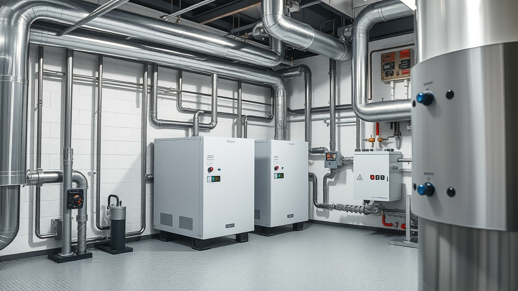 Modern plant room showing heat pumps and underfloor heating manifolds, cleanly organized for commercial building integration.