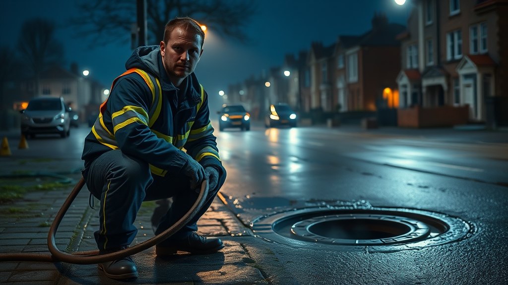 Emergency plumber clearing a drain at night in Sheffield street, 24/7 drain clearance