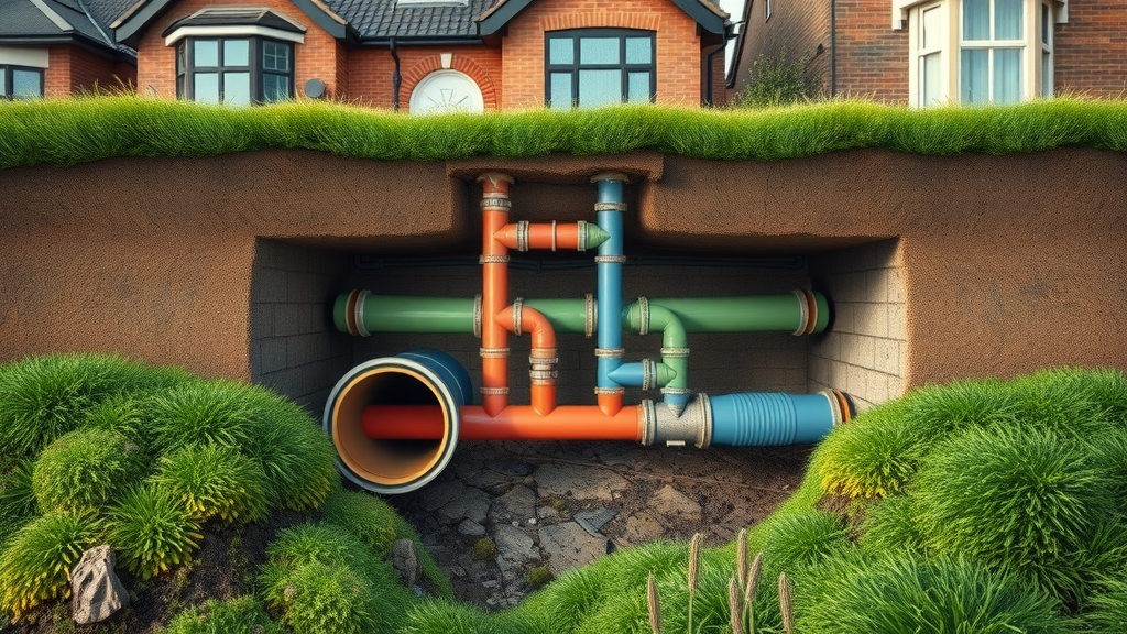 Illustration of blocked and cleared drainpipes beneath Sheffield houses, 24/7 service