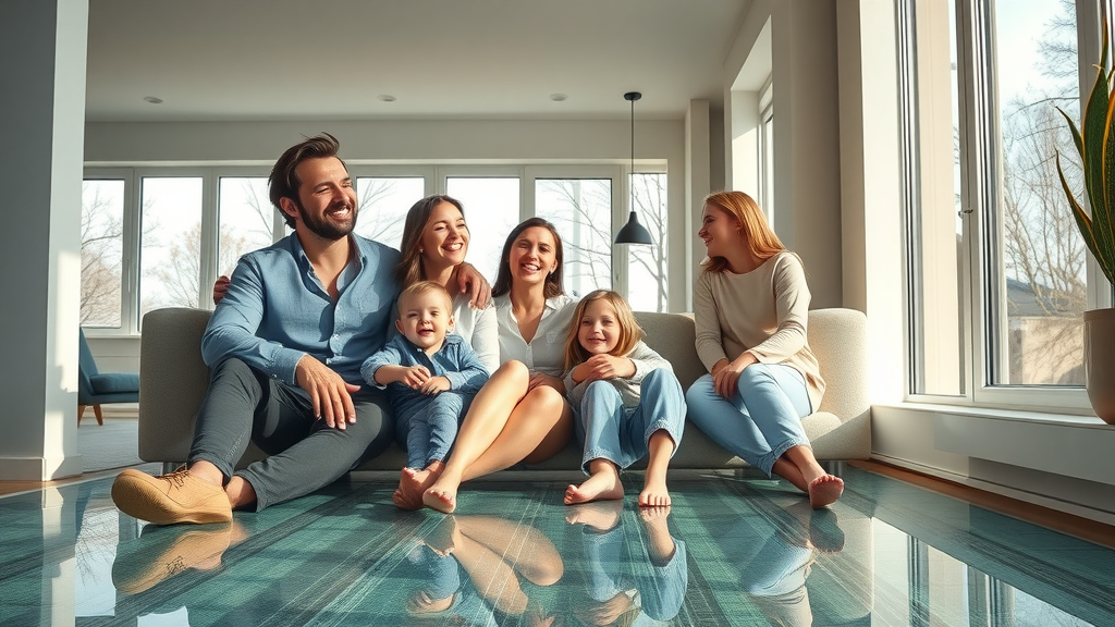 Modern family home enjoying wet (water-based) underfloor heating system comfort, floor heating pipes visible under translucent floor, relaxed family, photorealistic sunlight, Peak Underfloor Heating Ltd